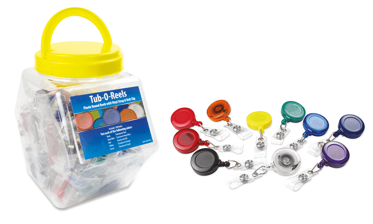 Pak van 100 ronde badgehouder jojo's in verschillende kleuren, Tub-o-reels